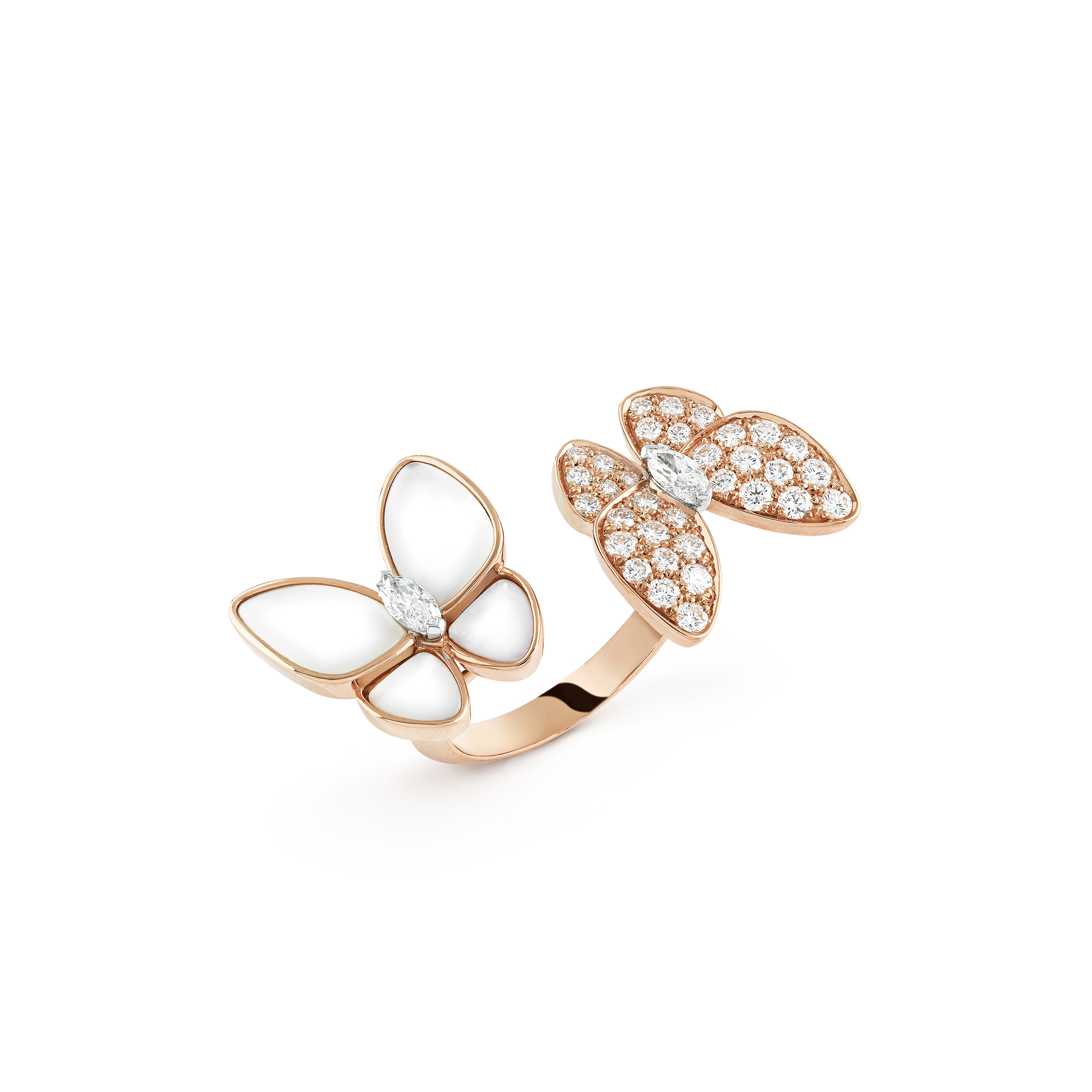 VAN CLEEF ARPELS TWO BUTTERFLY BETWEEN THE FINGER RING - ROSE GOLD, DIAMOND, MOTHER-OF-PEARL  VCARO7AL00